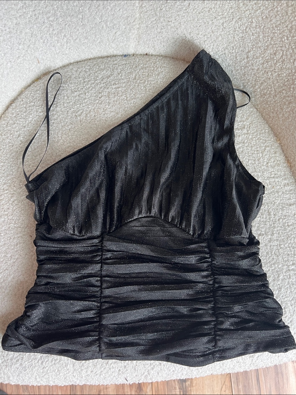Anthropologie Black One-Shoulder Ruched Shimmer Top